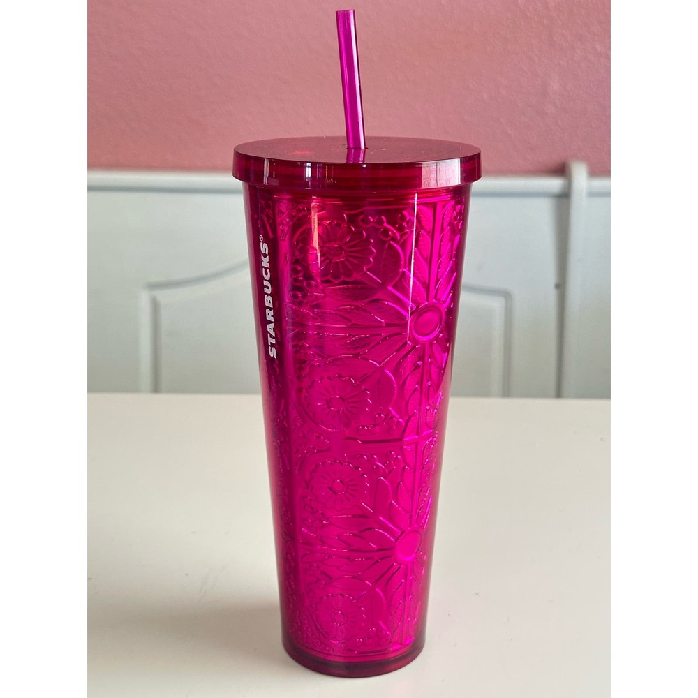 Starbucks 2017 pink magenta floral embossed tin foil metallic 24oz venti tumbler